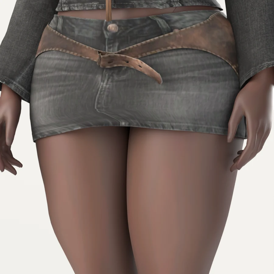 Western Denim Set, close-up of the denim mini skirt and its leather belt